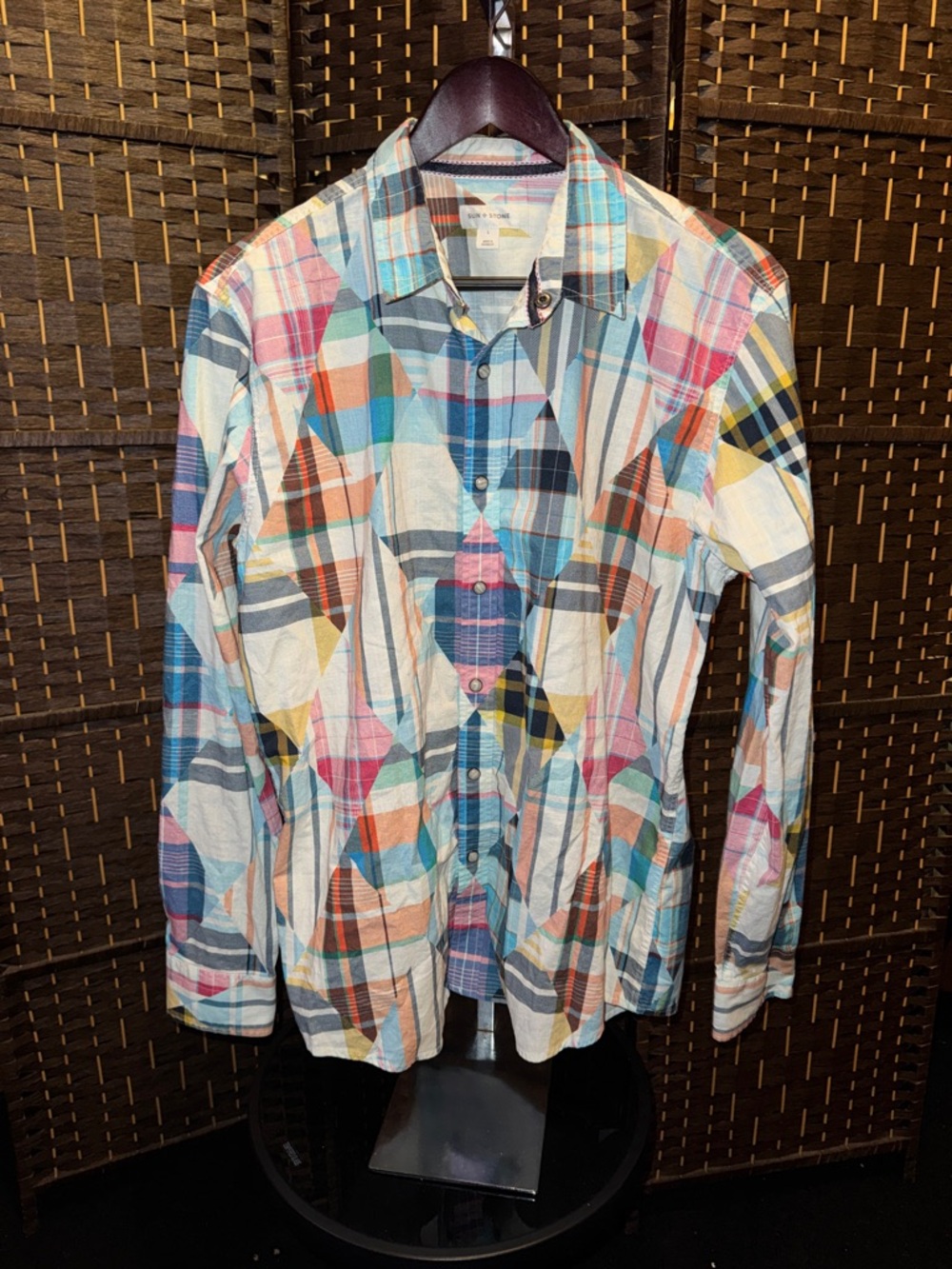 Sun + Stone Multicolor Plaid Cotton Button-Down Shirt western Cowboy large